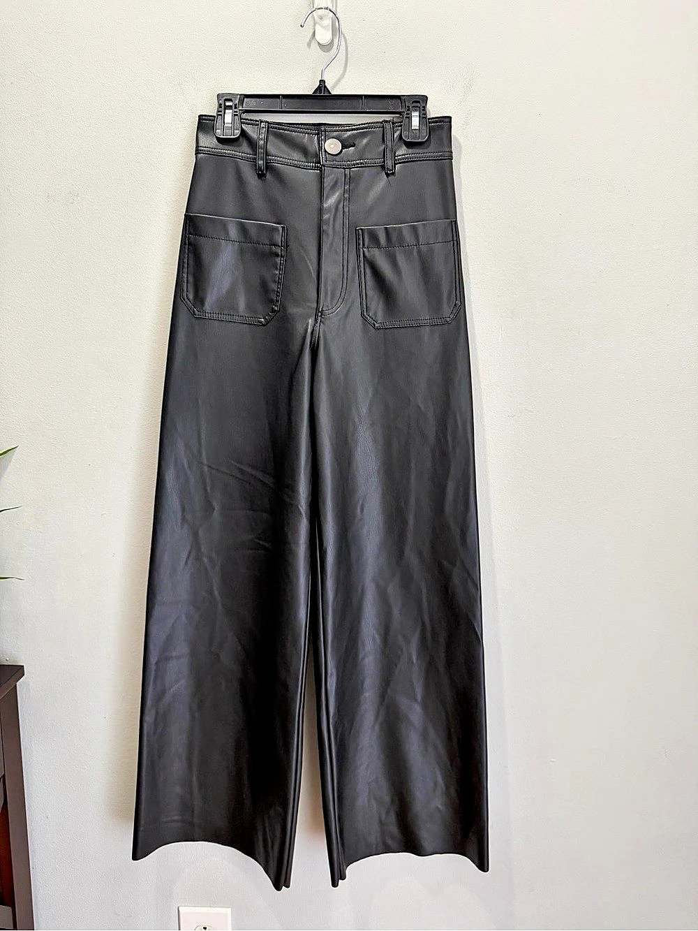 Zara Faux Leather The Marine Straight Wide-Leg Pants in Black Size 0